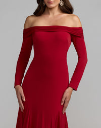 Mac Duggal #56354 red off the shoulder long sleeve trumpet gown close-up