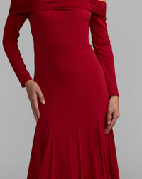 Mac Duggal #56354 red off the shoulder long sleeve trumpet gown close-up