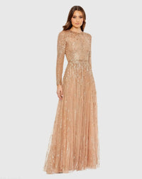 Mac Duggal Green Illusion High Neck Long Sleeve Embellished Gown #5636 Latte