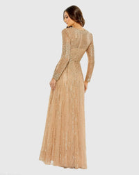 Illusion High Neck Long Sleeve Embellished Gown - Latte