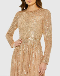 Illusion High Neck Long Sleeve Embellished Gown - Latte