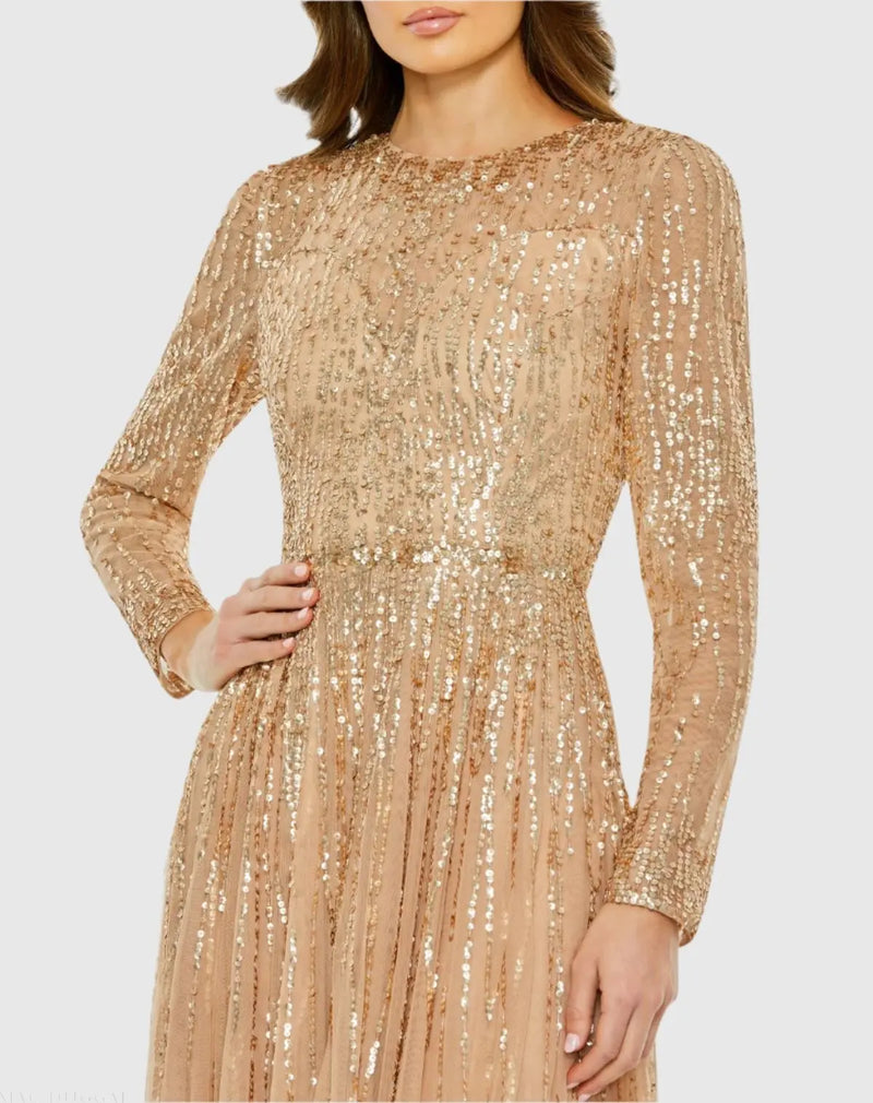 Illusion High Neck Long Sleeve Embellished Gown - Latte