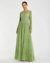 Mac Duggal Green Illusion High Neck Long Sleeve Embellished Gown #5636 Sage 