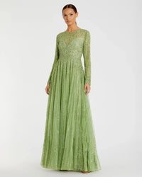 Mac Duggal Green Illusion High Neck Long Sleeve Embellished Gown #5636 Sage 