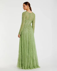 Illusion High Neck Long Sleeve Embellished Gown - Latte