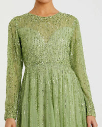 Illusion High Neck Long Sleeve Embellished Gown - Latte