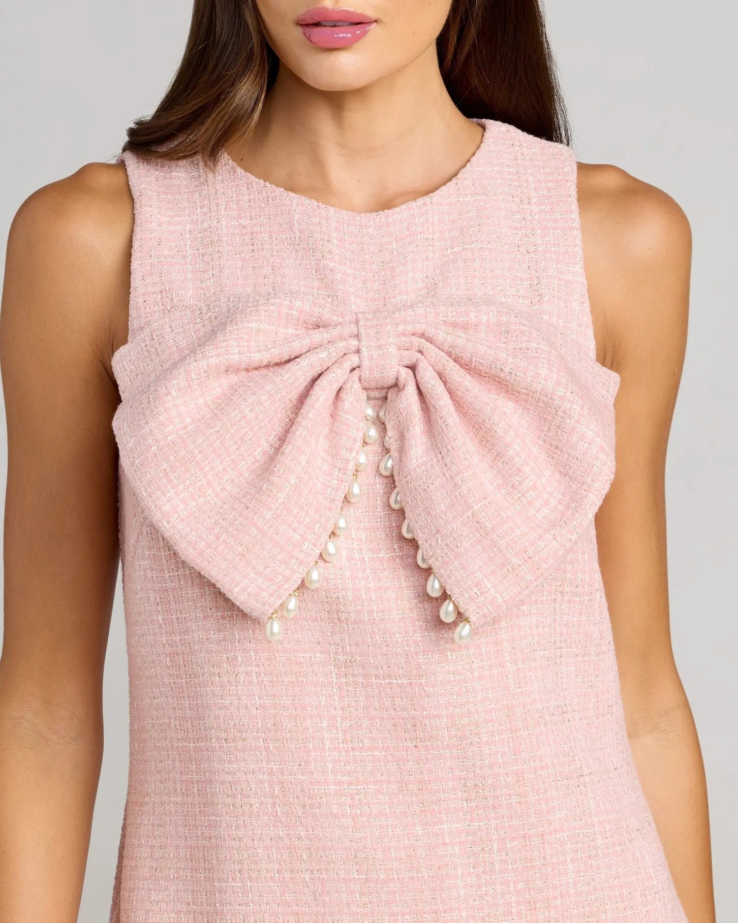 Blush Boucle Pearl Detail A Line Mini Dress With Bow