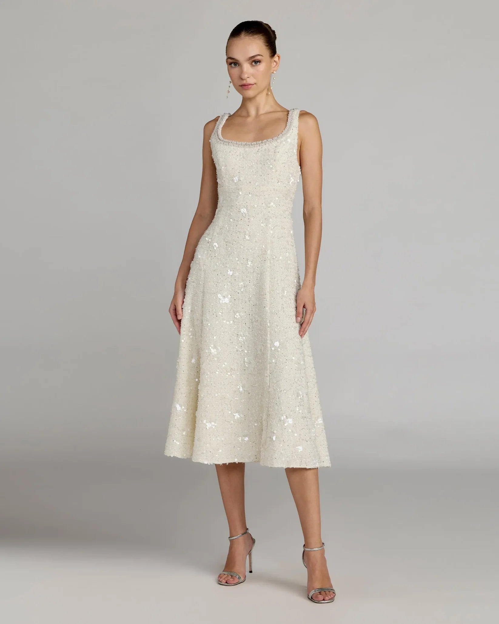 Ivory Embellished Boucle Sleeveless Midi Dress