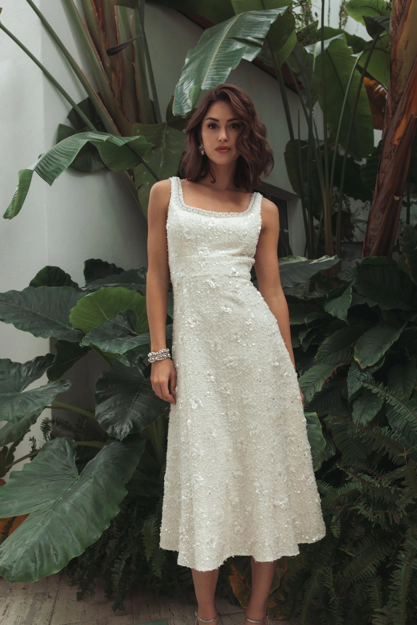 Ivory Embellished Boucle Sleeveless Midi Dress