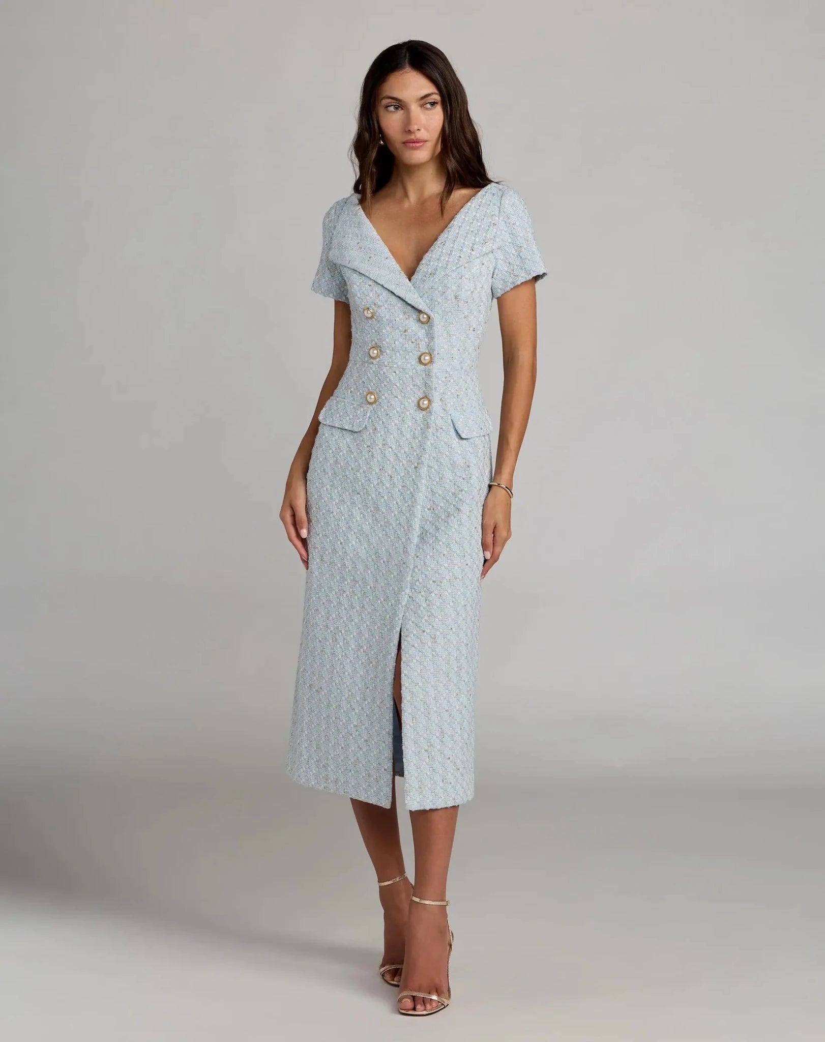 Powder Blue Boucle Cap Sleeve Fitted Midi Dress With Belt