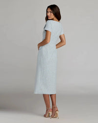 Powder Blue Boucle Cap Sleeve Fitted Midi Dress With Belt