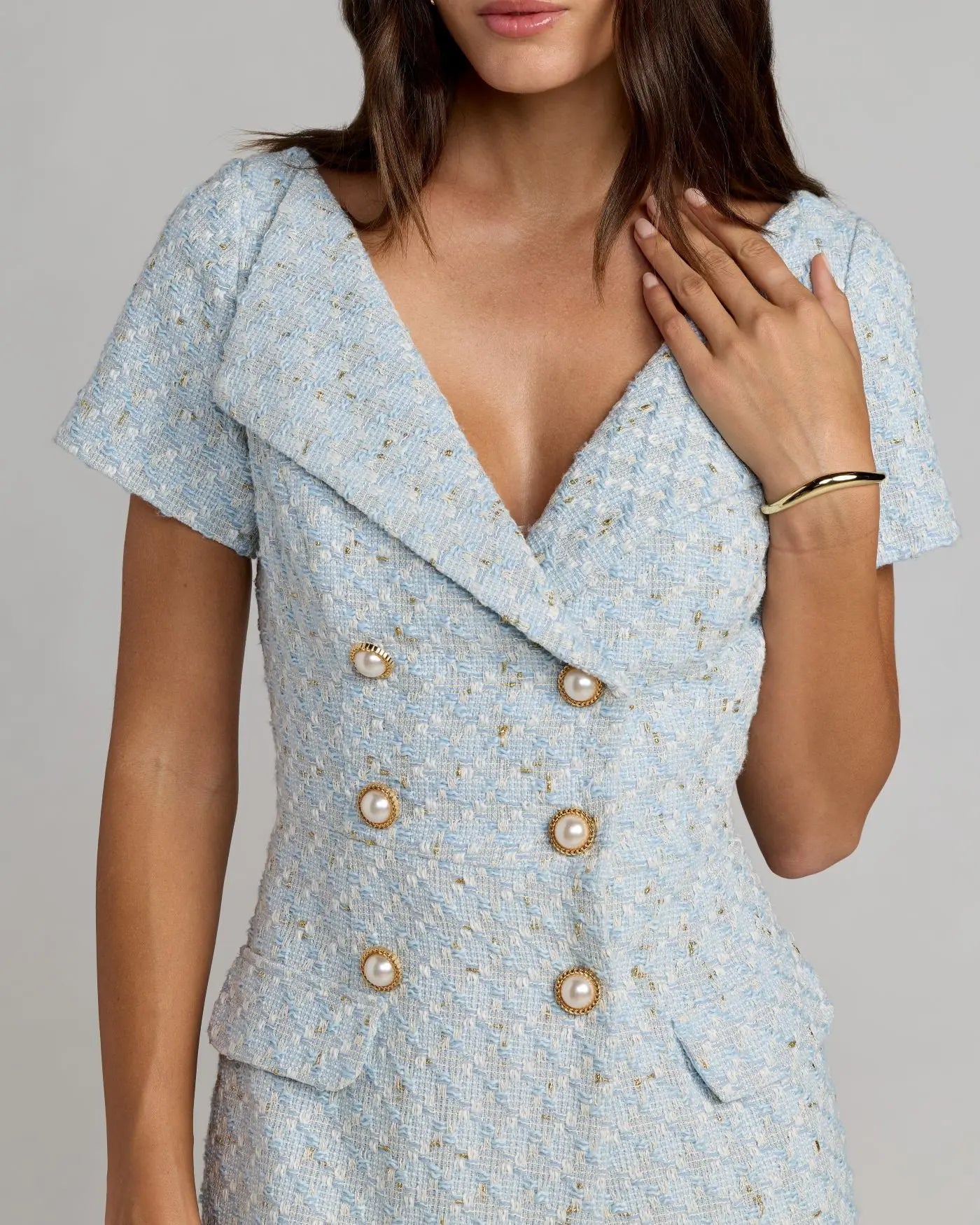 Powder Blue Boucle Cap Sleeve Fitted Midi Dress With Belt