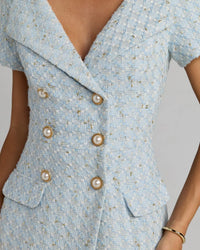 Powder Blue Boucle Cap Sleeve Fitted Midi Dress With Belt