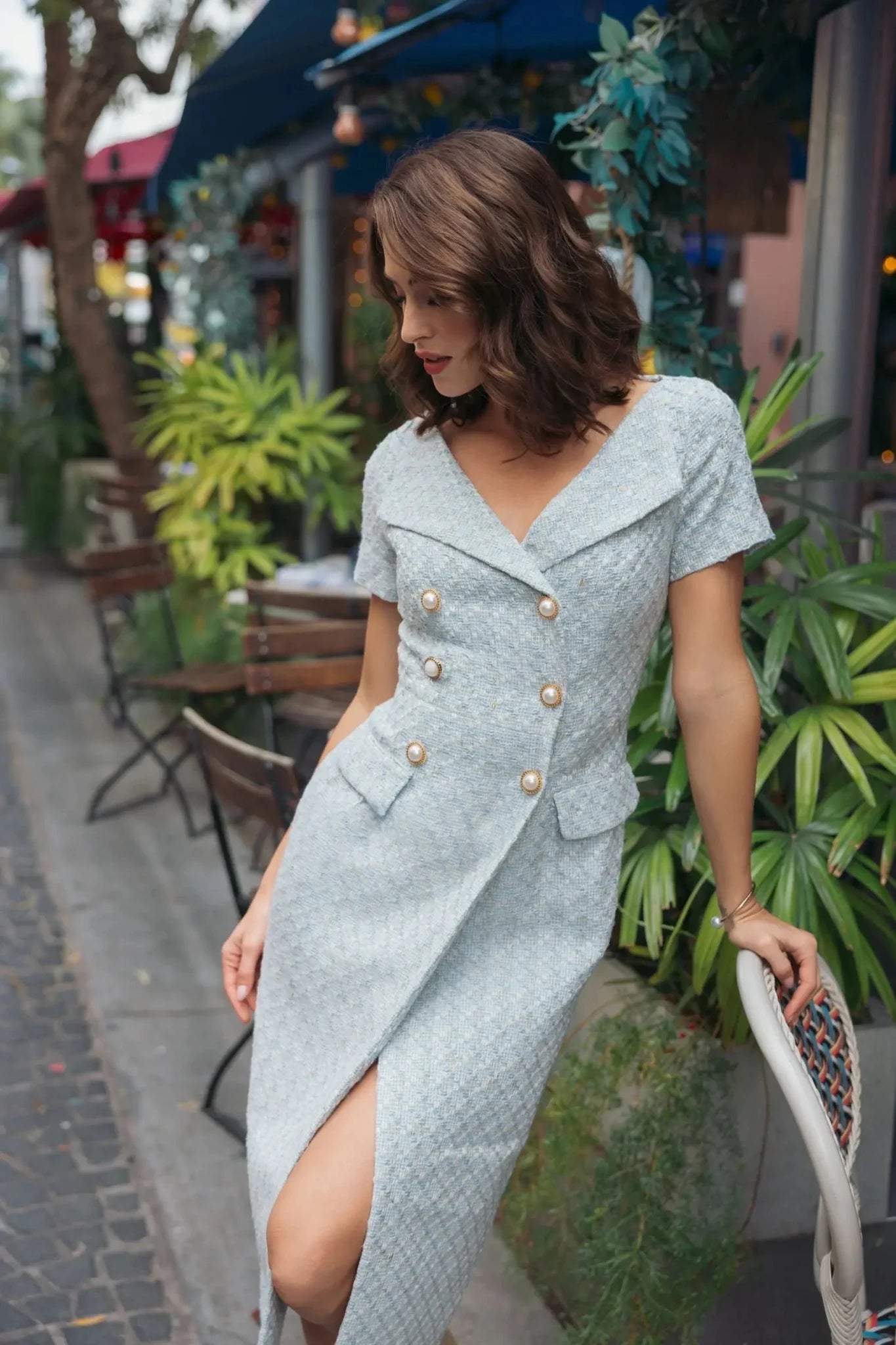 Powder Blue Boucle Cap Sleeve Fitted Midi Dress With Belt