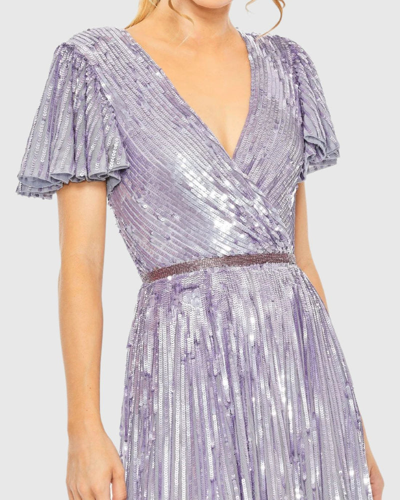 V Neck Sequin Gown - Lilac