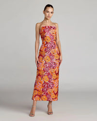 Ieena for Mac Duggal 56385 Tangerine Multi Strapless Midi Dress with Pink and Orange Floral Sequins