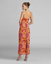 Ieena for Mac Duggal 56385 Tangerine Multi Strapless Midi Dress with Pink and Orange Floral Sequins