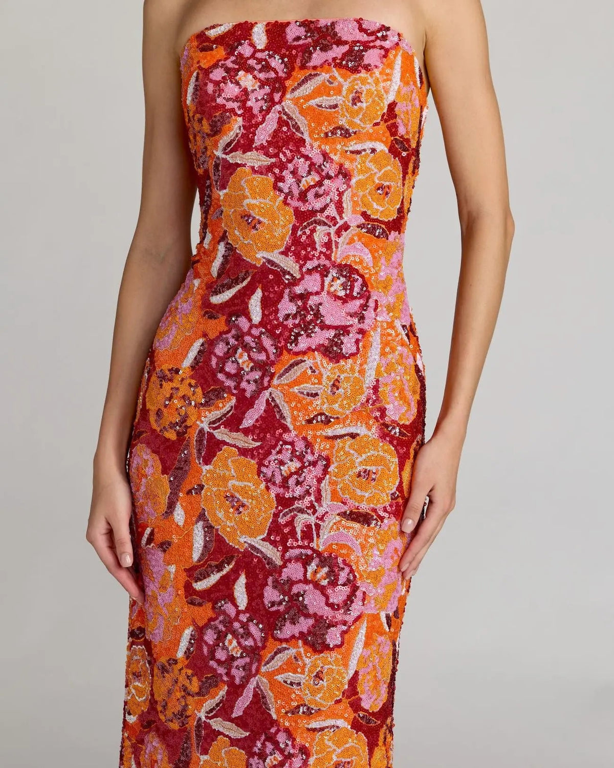 Ieena for Mac Duggal 56385 Tangerine Multi Strapless Midi Dress with Pink and Orange Floral Sequins