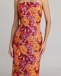 Ieena for Mac Duggal 56385 Tangerine Multi Strapless Midi Dress with Pink and Orange Floral Sequins