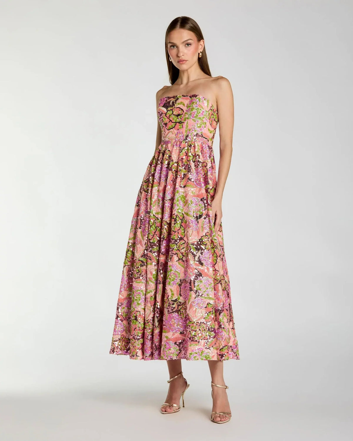 Mac Duggal Multicolor Strapless Sequin Floral Midi Dress #56386 Orchid Multi