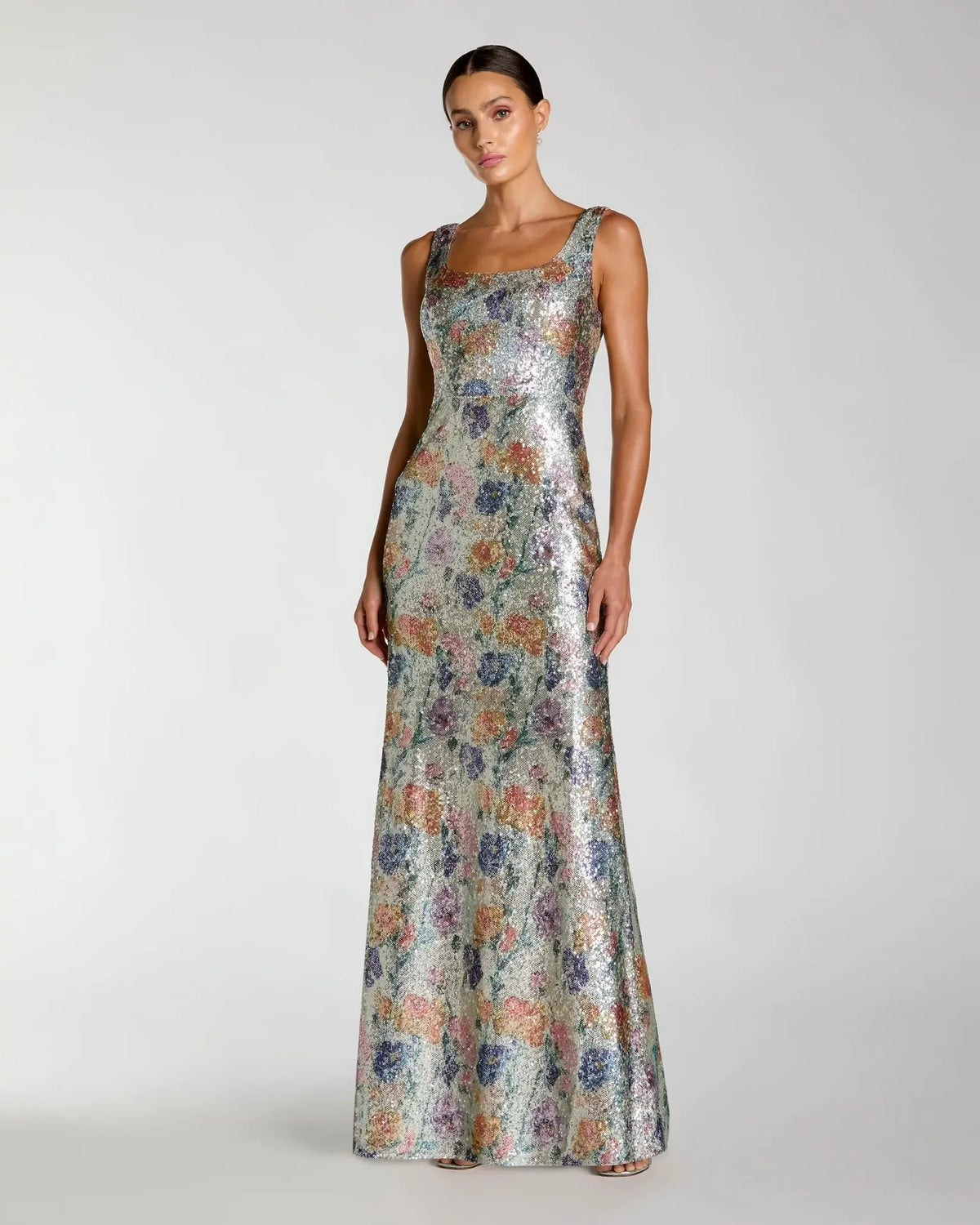 Mac Duggal #56388 Silver Sleeveless Floral Sequin Gown