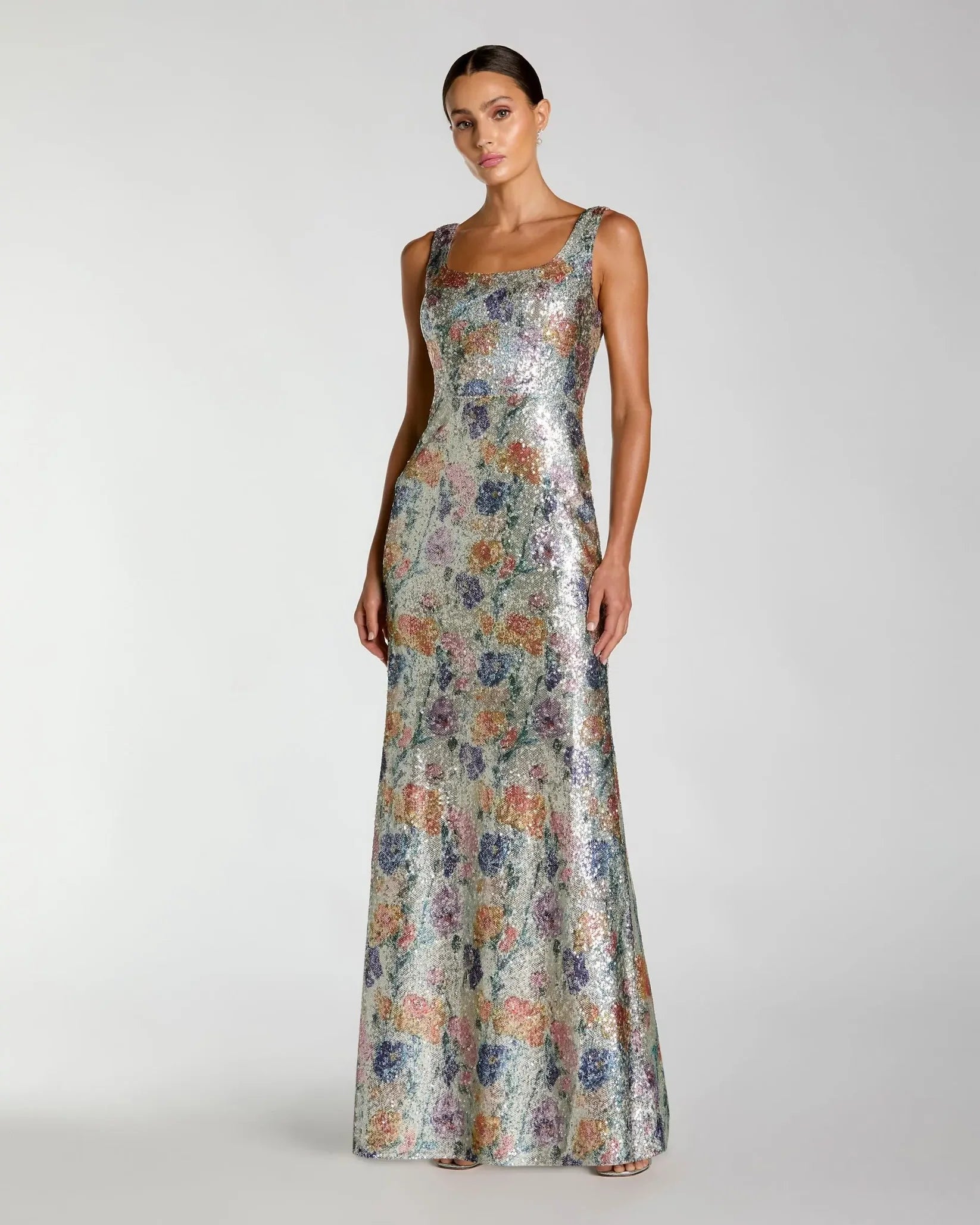 Mac Duggal #56388 Silver Sleeveless Floral Sequin Gown