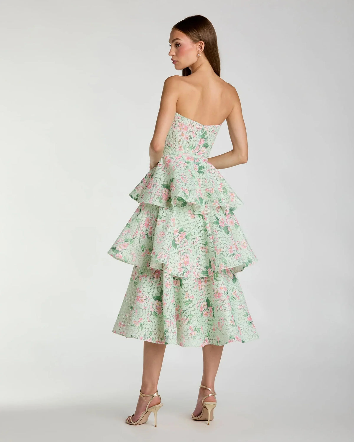 Mac Duggal Green Floral Tiered Strapless Midi Dress #56389 Mint Multi