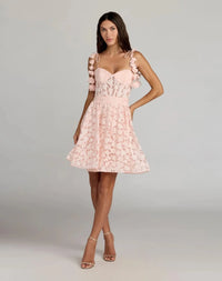 Blossom Pink Floral Net Tie Strap Bustier Ruffle Mini Dress