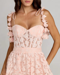 Blossom Pink Floral Net Tie Strap Bustier Ruffle Mini Dress