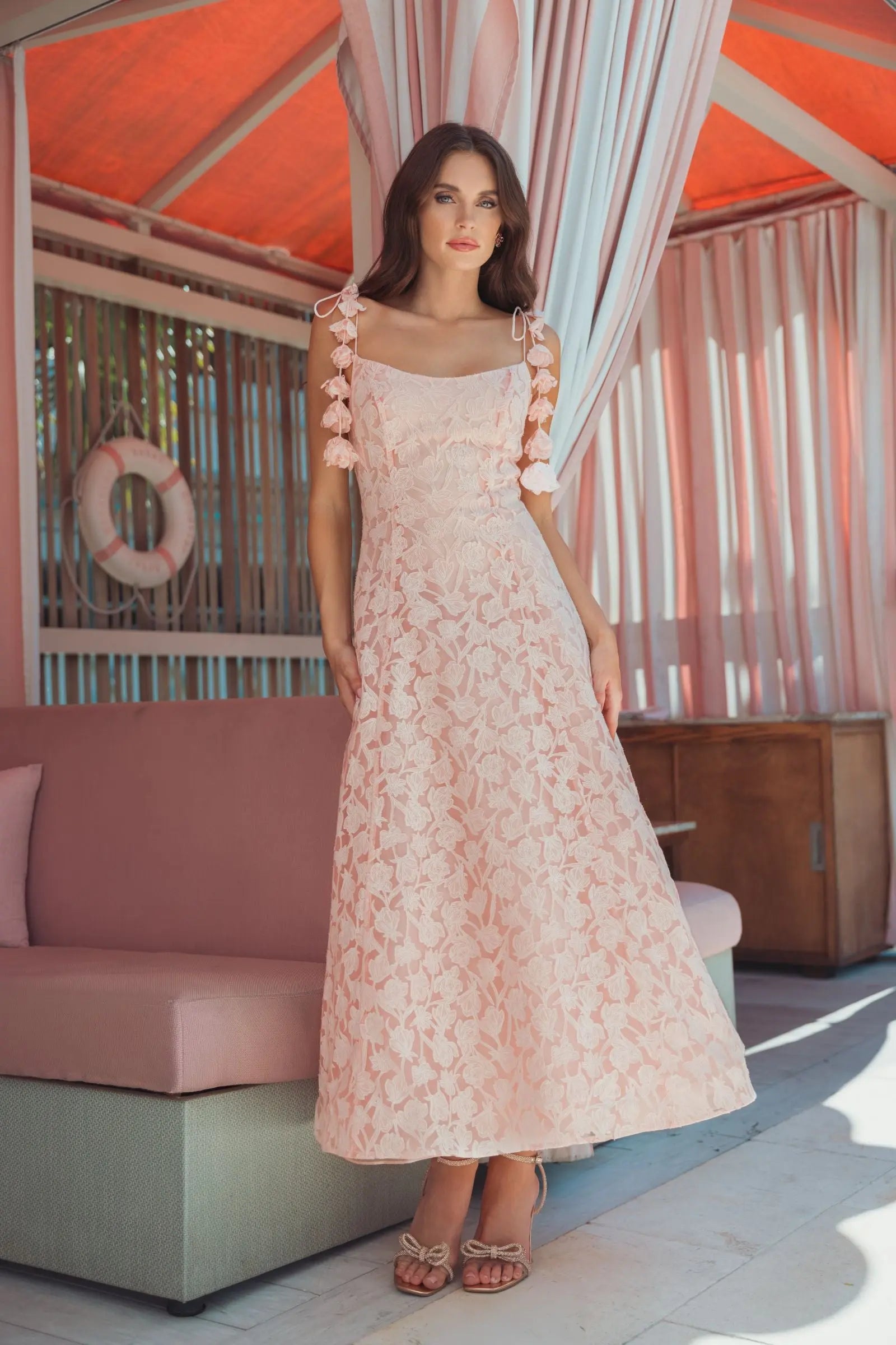 Mac Duggal Blossom Pink Scoop Neck Floral A-Line Midi Dress #56391