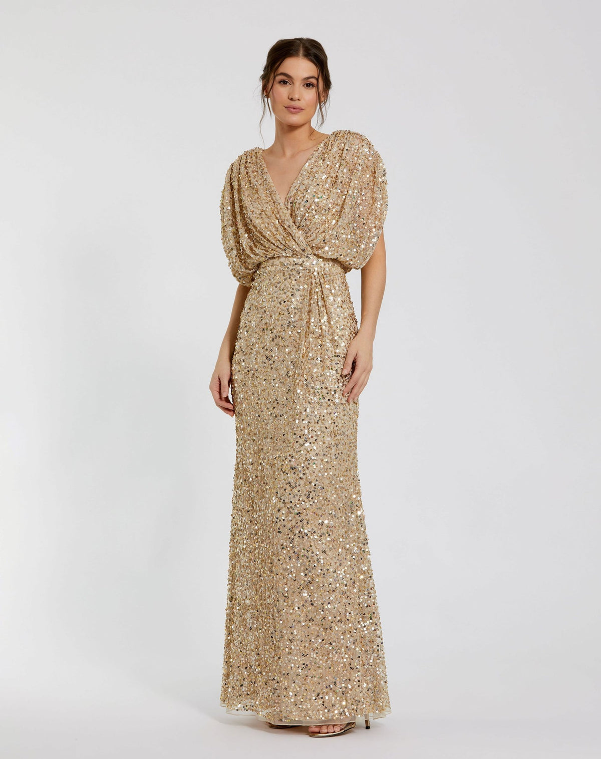 Mac Duggal #5640 Draped Sleeve V Neck Gown nude gold