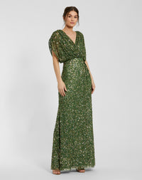 Mac Duggal #5640 sage sequin draped sleeve v-neck gown