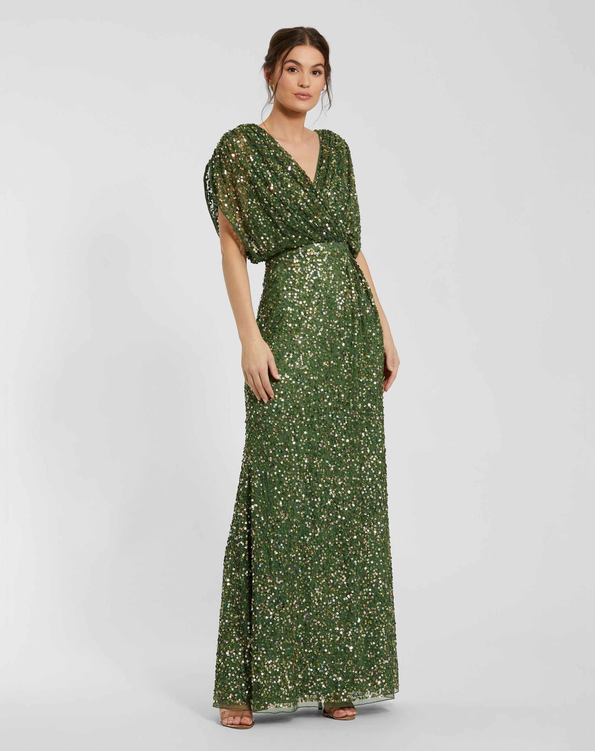 Mac Duggal #5640 sage sequin draped sleeve v-neck gown