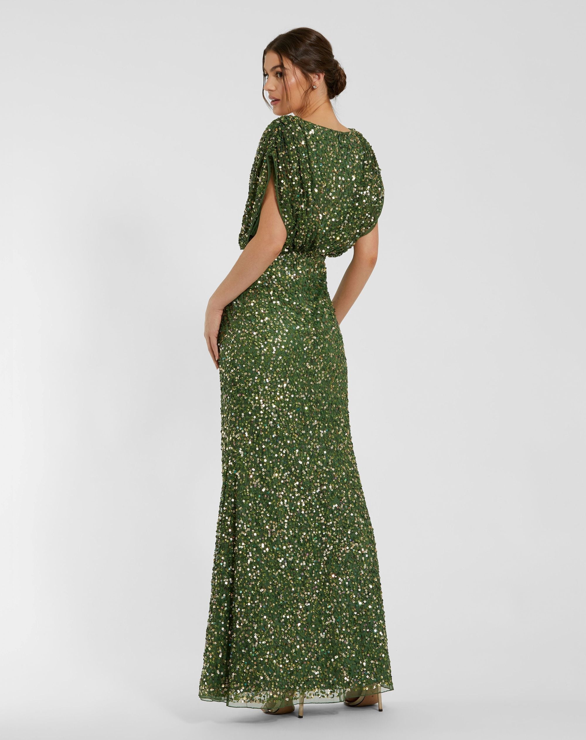 Mac Duggal #5640 sage sequin draped sleeve v-neck gown