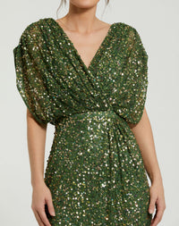 Mac Duggal #5640 sage sequin draped sleeve v-neck gown