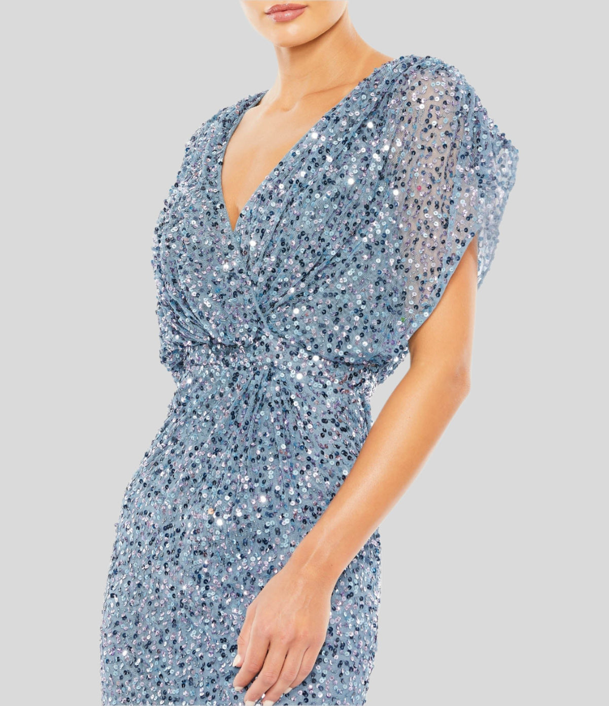 Draped Sleeve V Neck Gown - Slate Blue