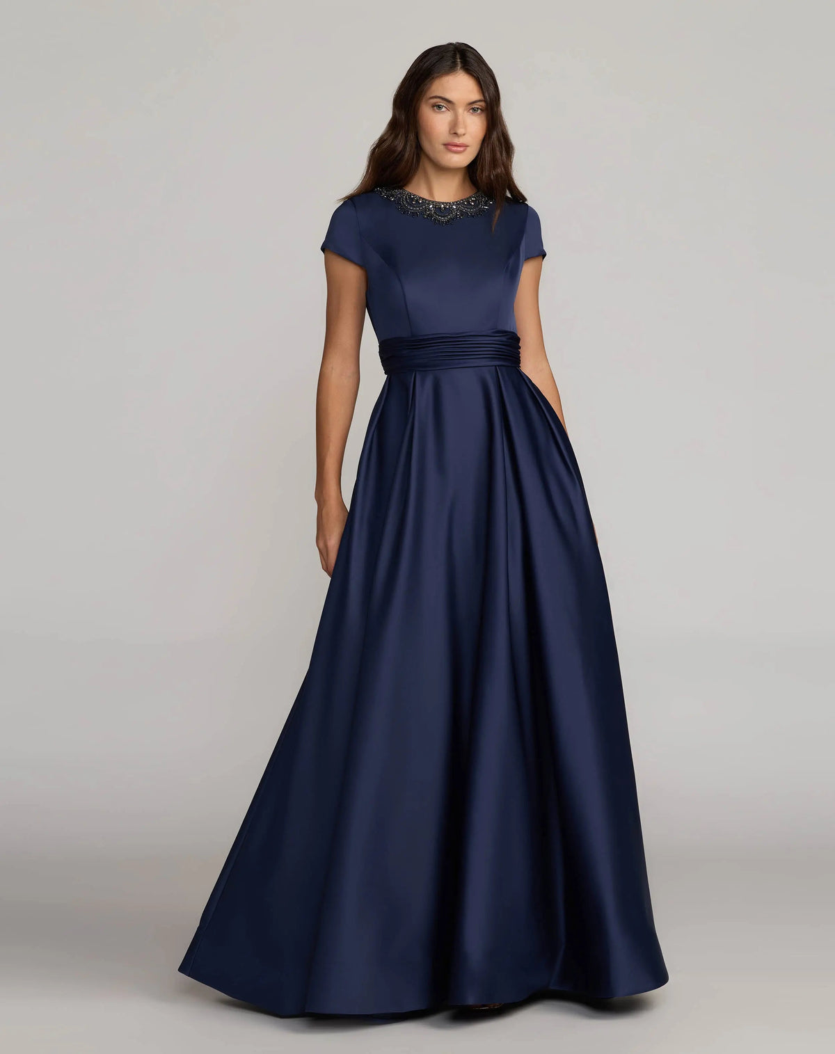 Mac Duggal #56401 Navy Embellished Satin Cap Sleeve Ball Gown