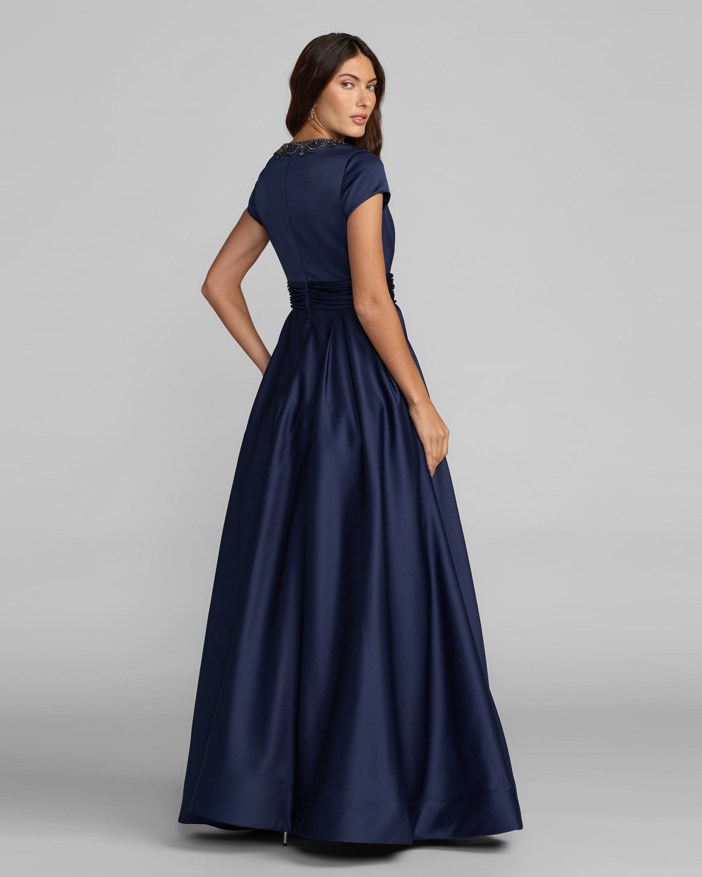 Navy Embellished Satin Cap Sleeve Ball Gown