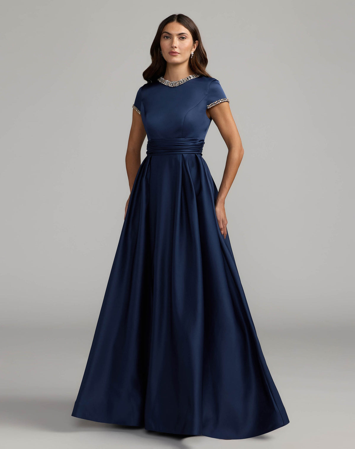 Mac Duggal #56402 midnight embellished satin high neck ball gown