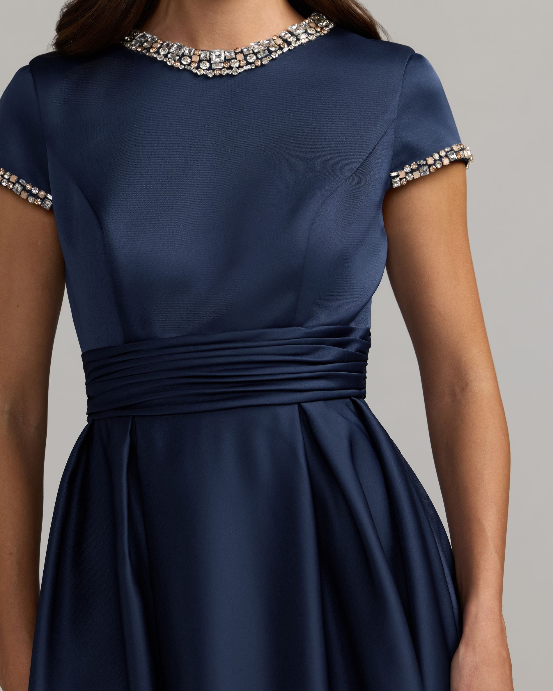 Mac Duggal #56402 midnight gown rhinestone neckline and cap sleeve detail