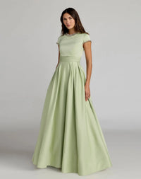 Mac Duggal #56402 sage embellished satin cap sleeve ball gown