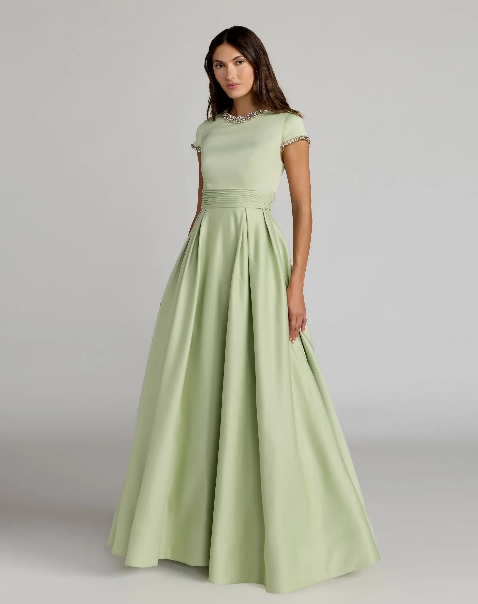 Mac Duggal #56402 sage embellished satin cap sleeve ball gown