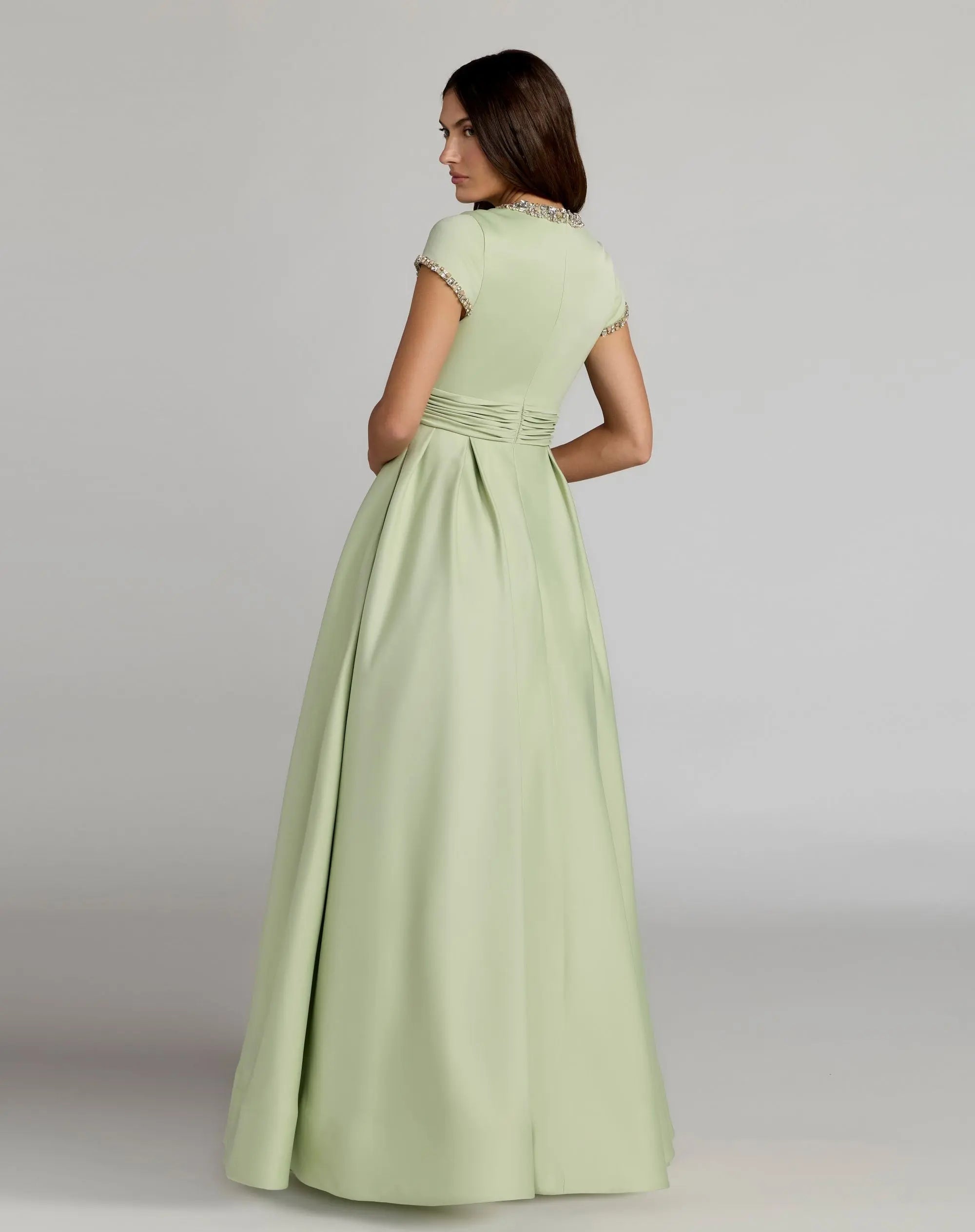 Mac Duggal #56402 sage embellished satin cap sleeve ball gown