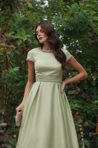Mac Duggal #56402 sage embellished satin cap sleeve ball gown