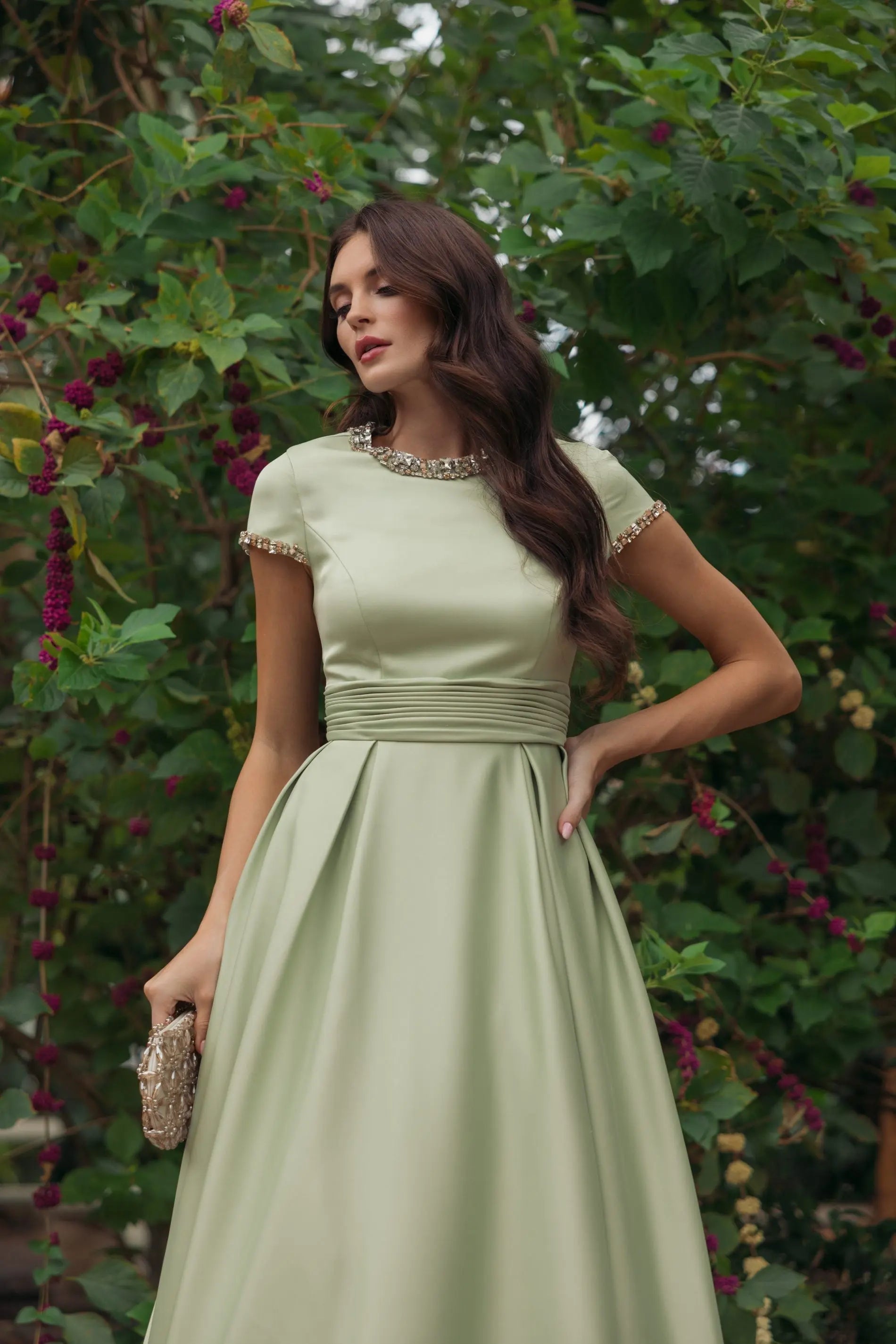 Mac Duggal #56402 sage embellished satin cap sleeve ball gown