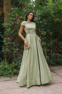 Mac Duggal #56402 sage embellished satin cap sleeve ball gown