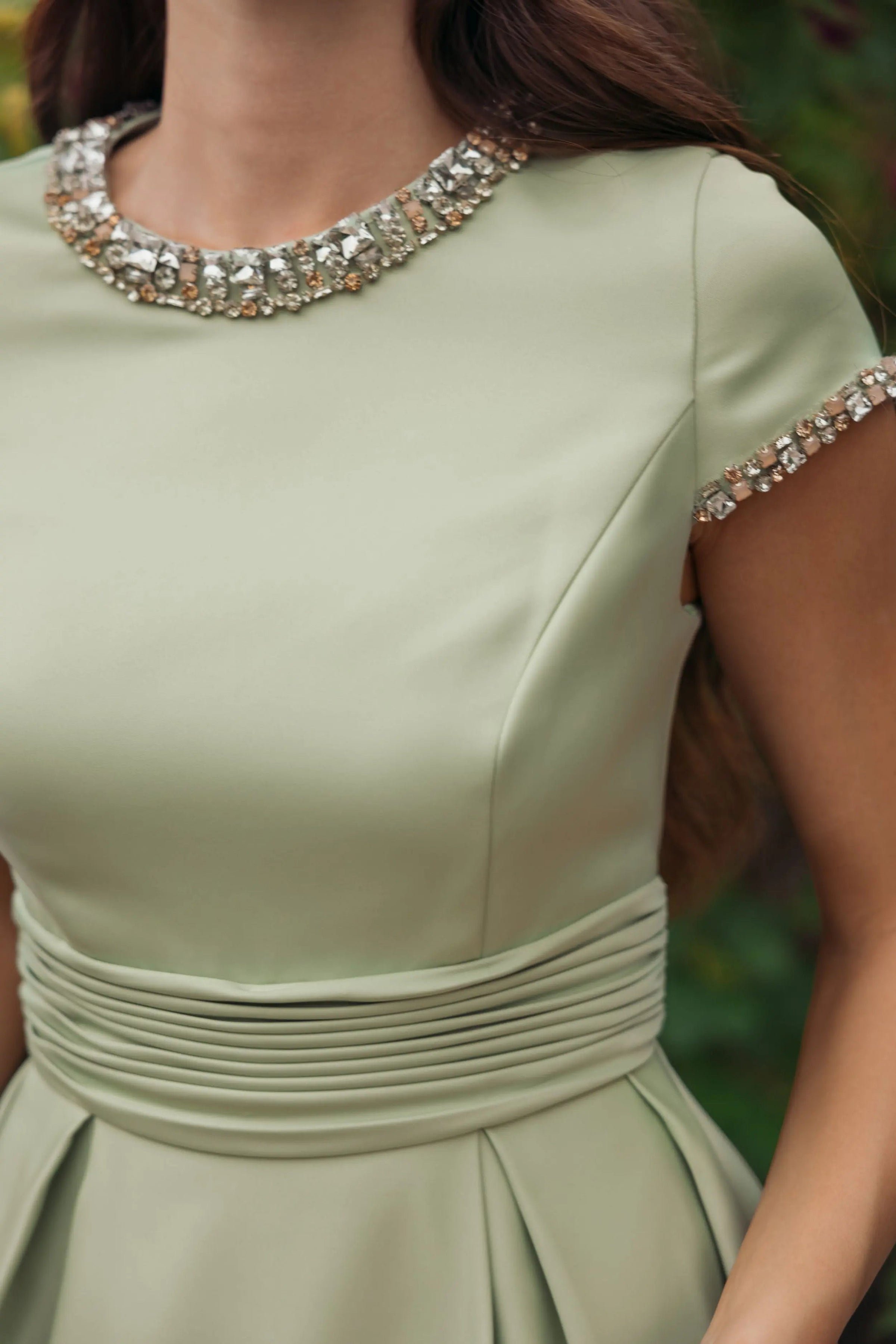 Mac Duggal #56402 sage embellished satin cap sleeve ball gown