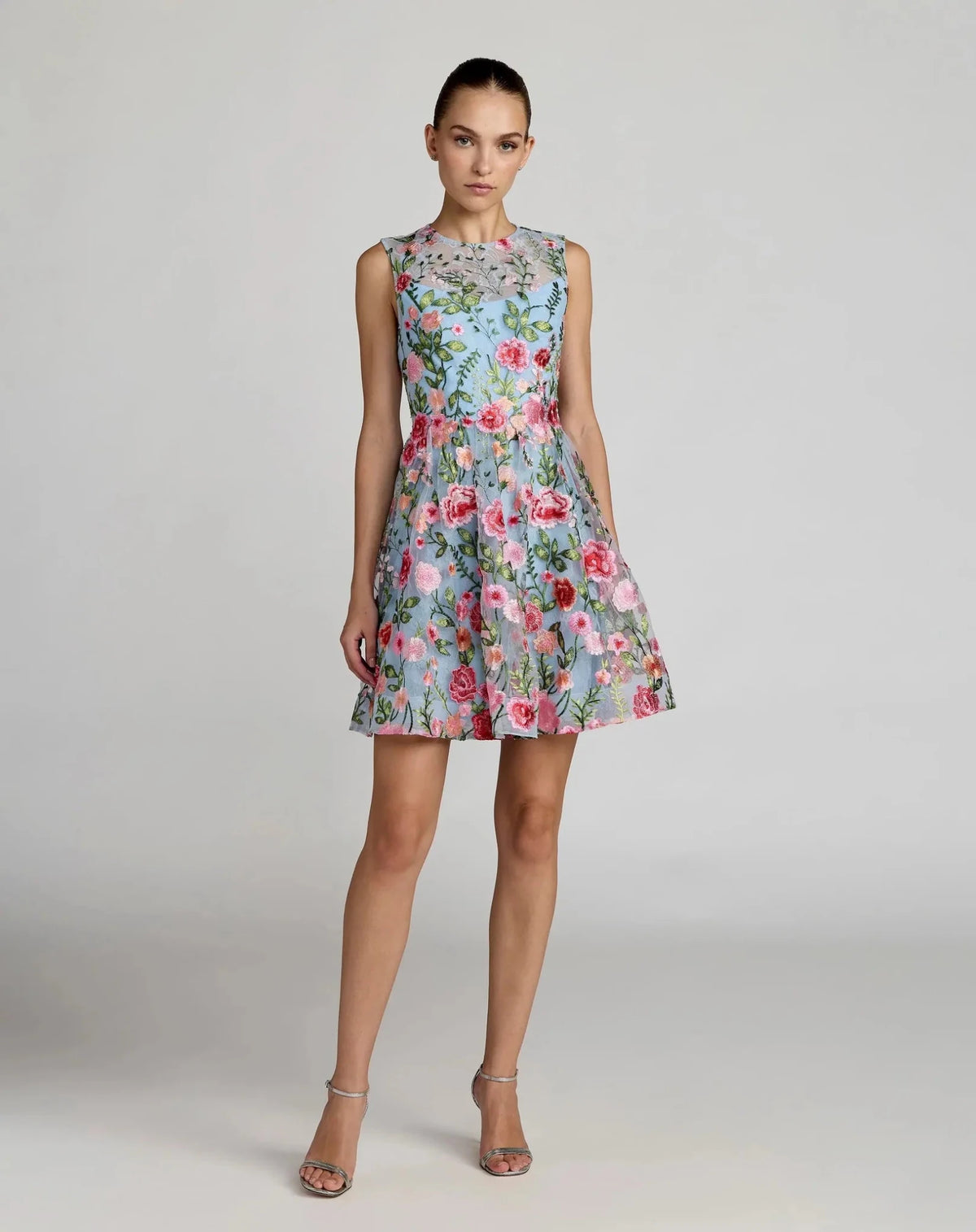 Powder Blue Multi Sleeveless Embroidered Lace High Neck Mini Dress