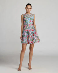 Powder Blue Multi Sleeveless Embroidered Lace High Neck Mini Dress