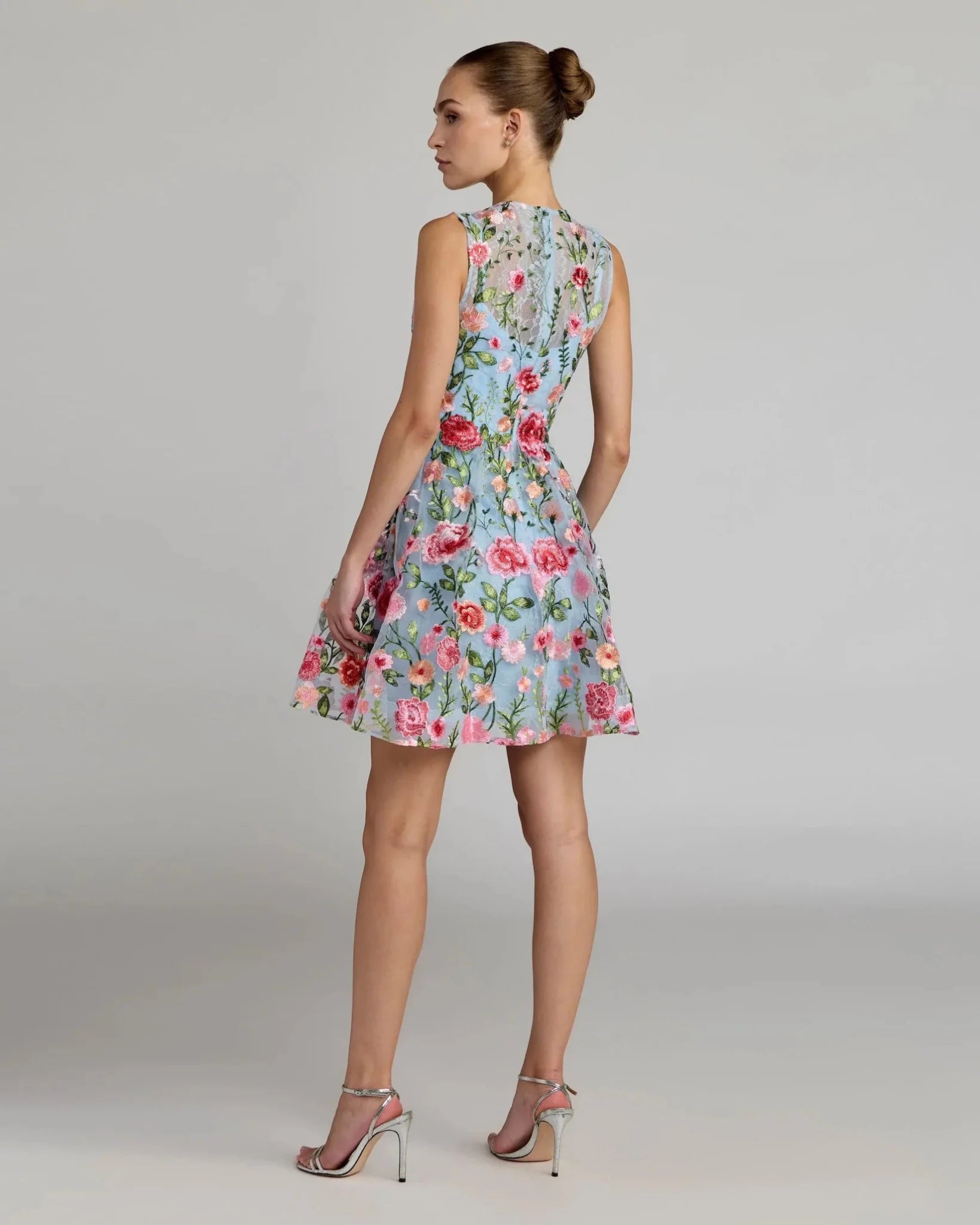 Powder Blue Multi Sleeveless Embroidered Lace High Neck Mini Dress